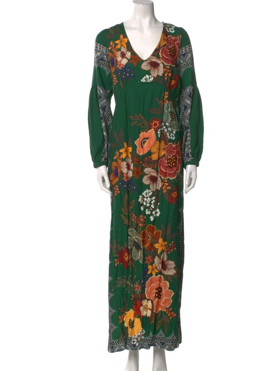 Anthropologie Dresses & Skirts - Farm Rio Anthropologie Verdor Maxi Dress Floral Long Sleeve Emerald Green M new